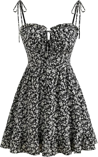 Floral Dress for Women Summer Mini Sundresses Spaghetti Strap Cute Vacation Dresses Boho Casual Outfits - Black