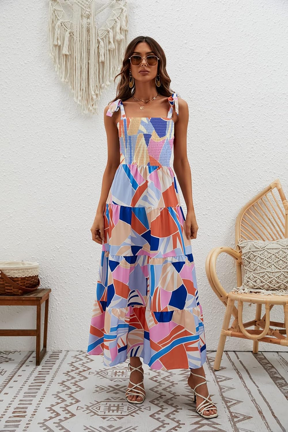 Women's Summer Boho Spaghetti Strap Square Neck Ruffle Casual Flowy Long Dress Beach Swing Party Maxi Dress - Z-blue Floral