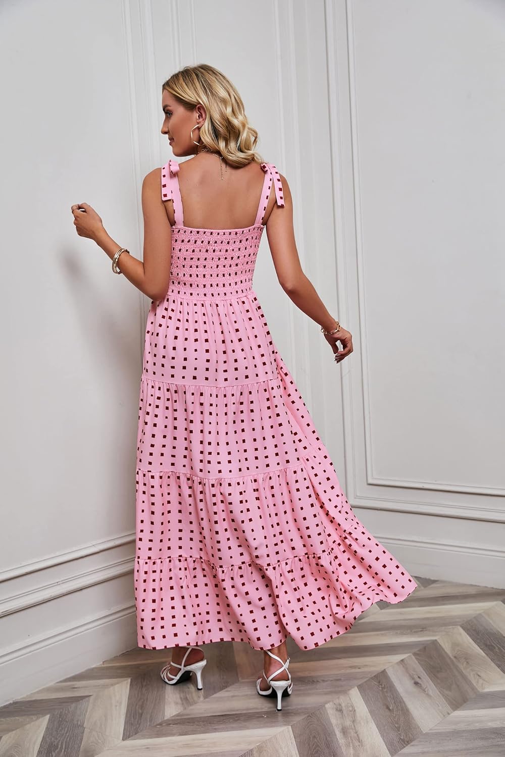 Women's Summer Boho Spaghetti Strap Square Neck Ruffle Casual Flowy Long Dress Beach Swing Party Maxi Dress - Pink