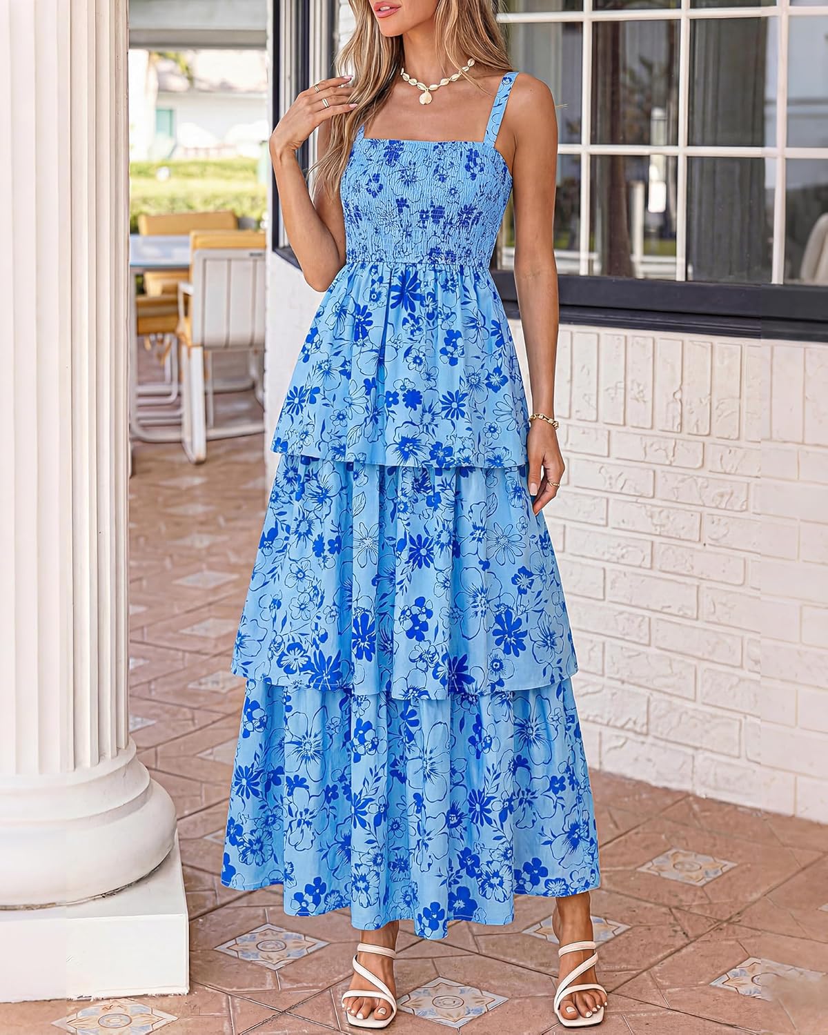 Summer Dresses for Women 2026 Floral Spaghetti Strap Wedding Guest Dress Maxi Beach Vacation Clothes - Floral Blue Blue