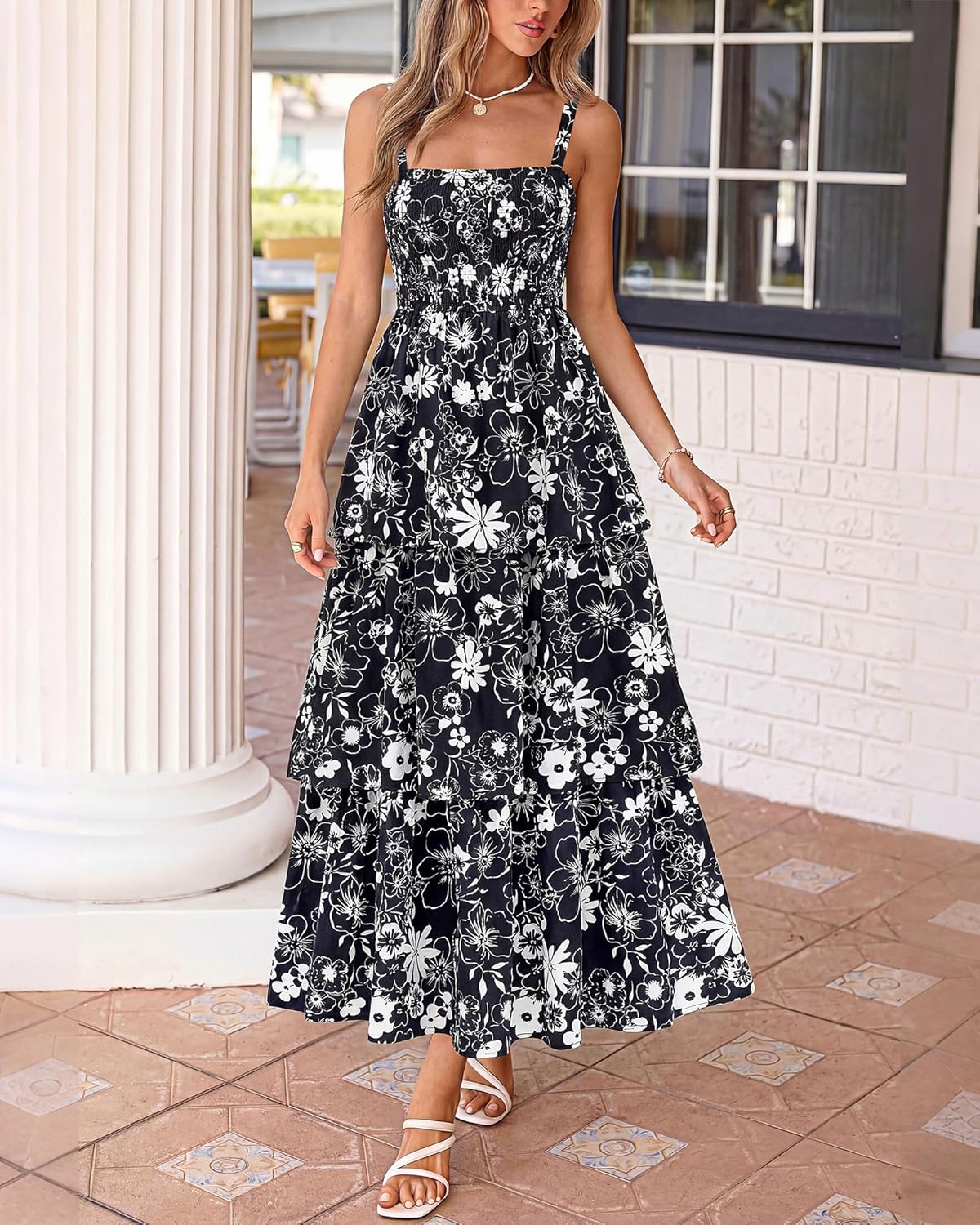 Summer Dresses for Women 2026 Floral Spaghetti Strap Wedding Guest Dress Maxi Beach Vacation Clothes - Floral Black White