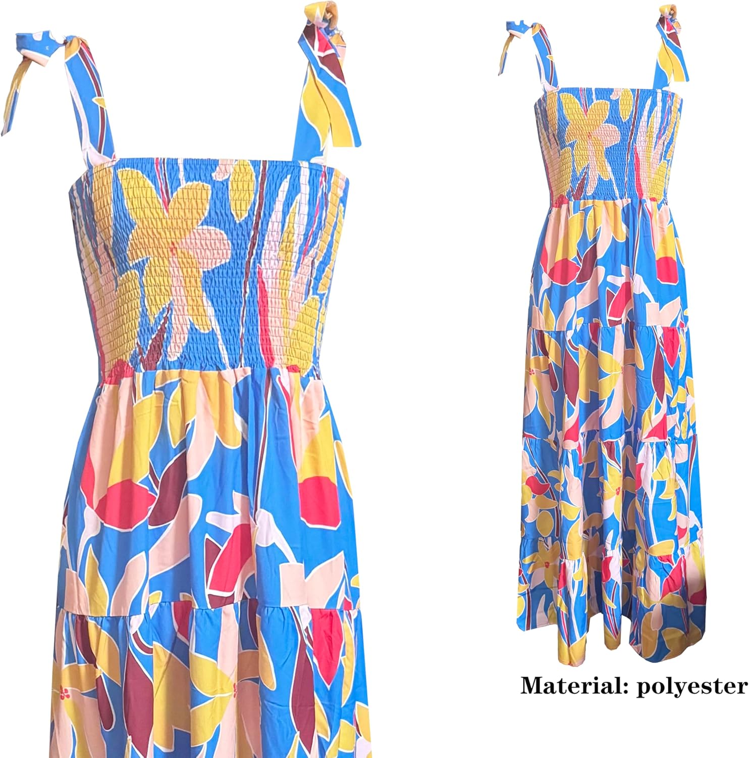 Women's Summer Boho Spaghetti Strap Square Neck Ruffle Casual Flowy Long Dress Beach Swing Party Maxi Dress - Blue