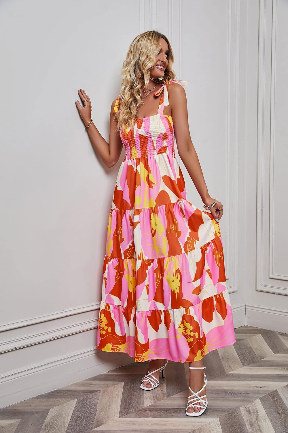 Women's Summer Boho Spaghetti Strap Square Neck Ruffle Casual Flowy Long Dress Beach Swing Party Maxi Dress - Orange