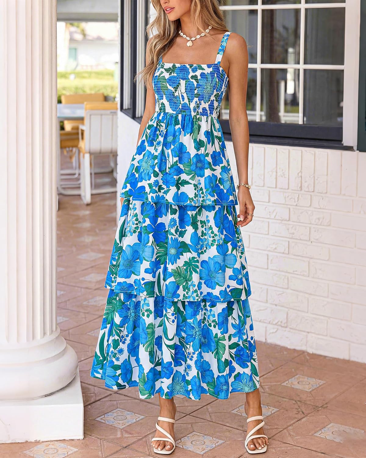 Summer Dresses for Women 2026 Floral Spaghetti Strap Wedding Guest Dress Maxi Beach Vacation Clothes - Floral White Blue