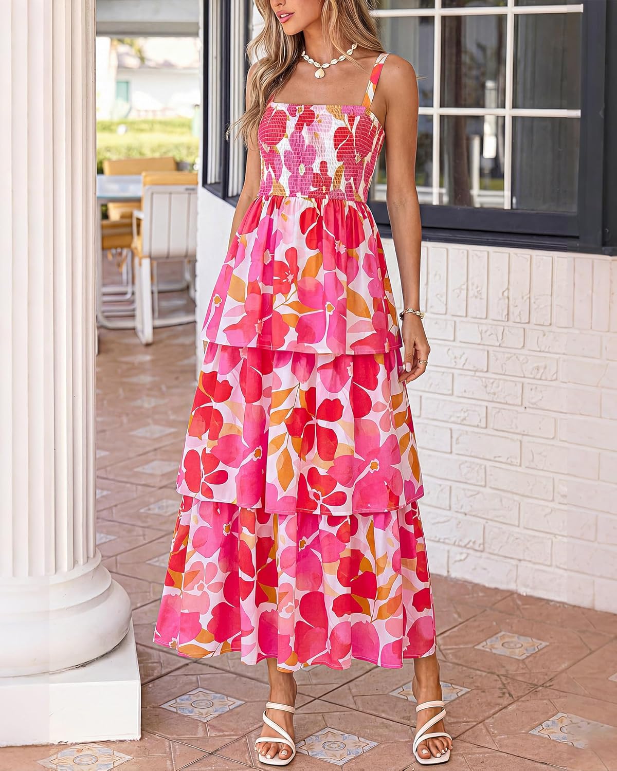 Summer Dresses for Women 2026 Floral Spaghetti Strap Wedding Guest Dress Maxi Beach Vacation Clothes - Floral White Pink