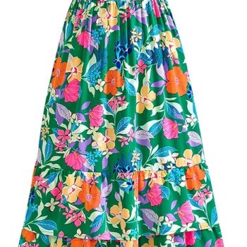 Summer Dresses for Women 2026 Casual Ruffle Smocked Tiered A-Line Boho Floral Maxi Beach Sun Dress with Pockets - Green Orange Flower