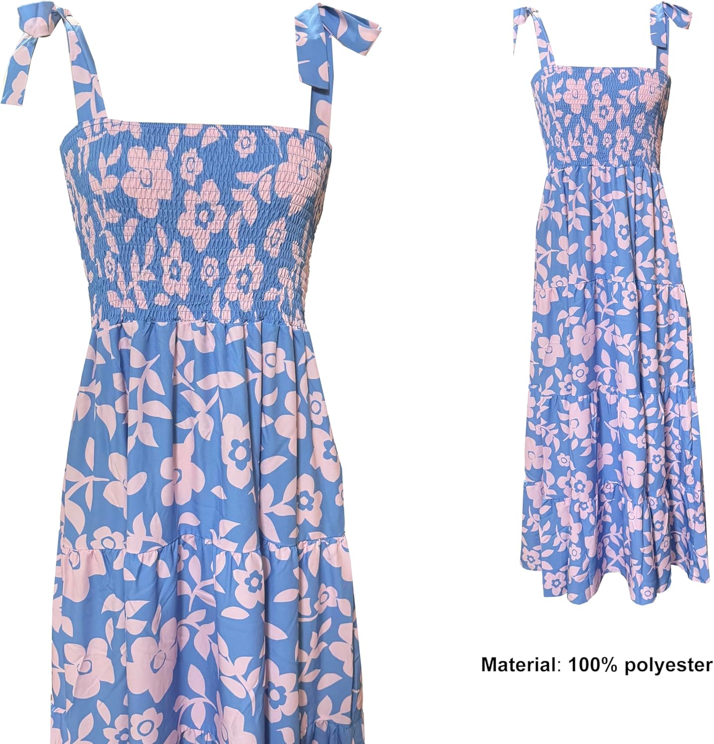 Women's Summer Boho Spaghetti Strap Square Neck Ruffle Casual Flowy Long Dress Beach Swing Party Maxi Dress - H-blue