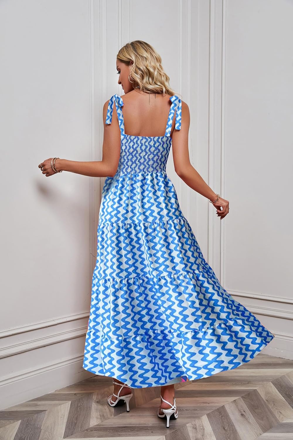 Women's Summer Boho Spaghetti Strap Square Neck Ruffle Casual Flowy Long Dress Beach Swing Party Maxi Dress - W-blue