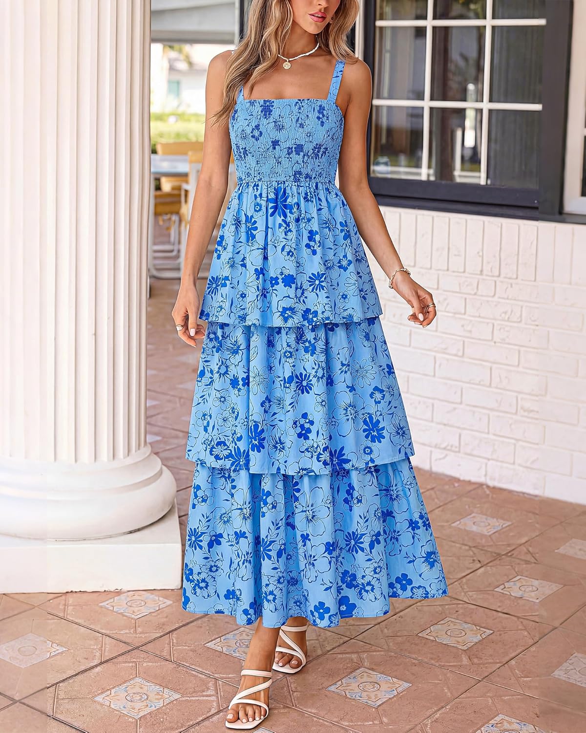 Summer Dresses for Women 2026 Floral Spaghetti Strap Wedding Guest Dress Maxi Beach Vacation Clothes - Floral Blue Blue