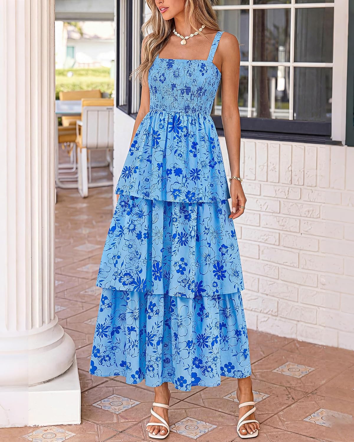 Summer Dresses for Women 2026 Floral Spaghetti Strap Wedding Guest Dress Maxi Beach Vacation Clothes - Floral Blue Blue