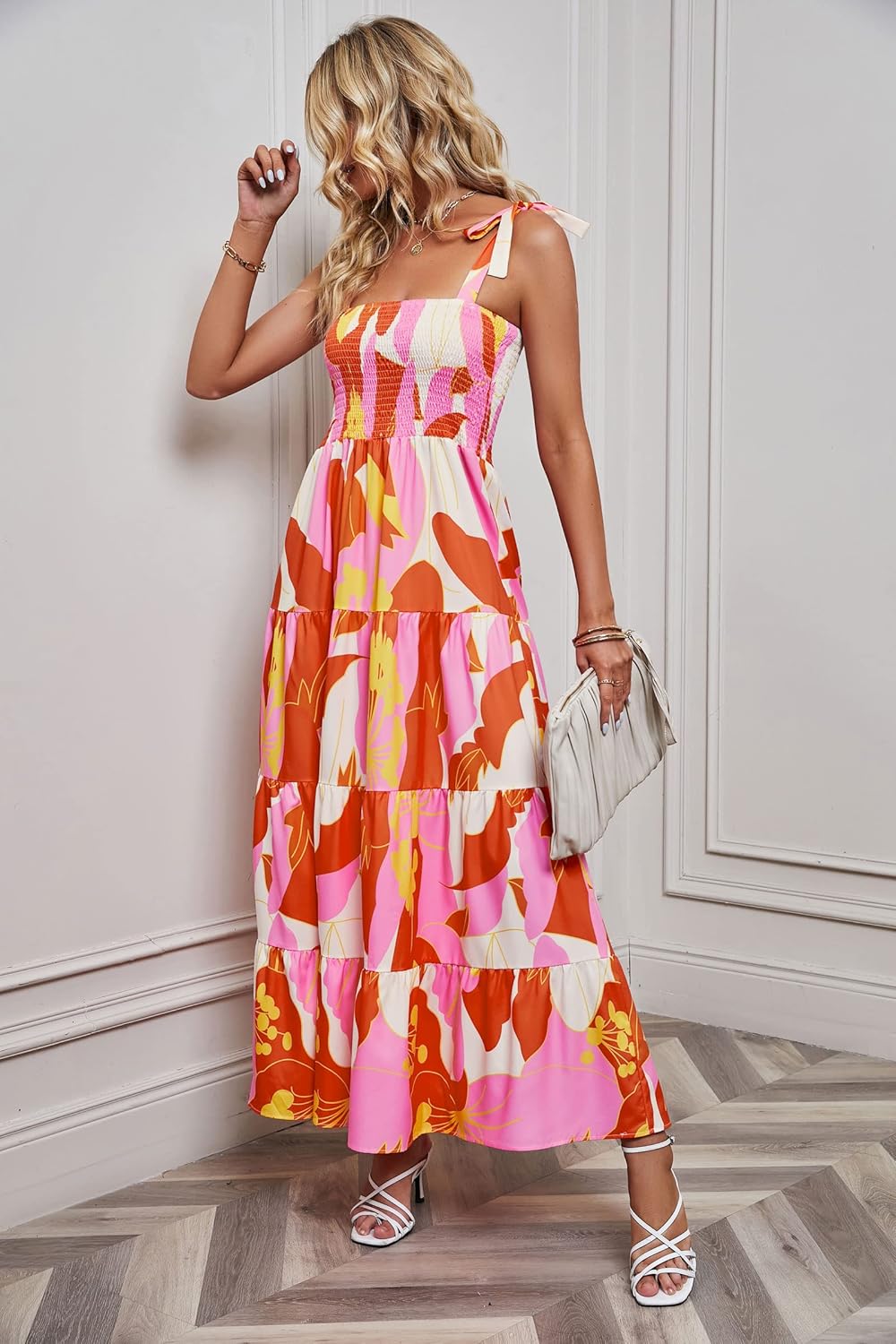 Women's Summer Boho Spaghetti Strap Square Neck Ruffle Casual Flowy Long Dress Beach Swing Party Maxi Dress - Orange