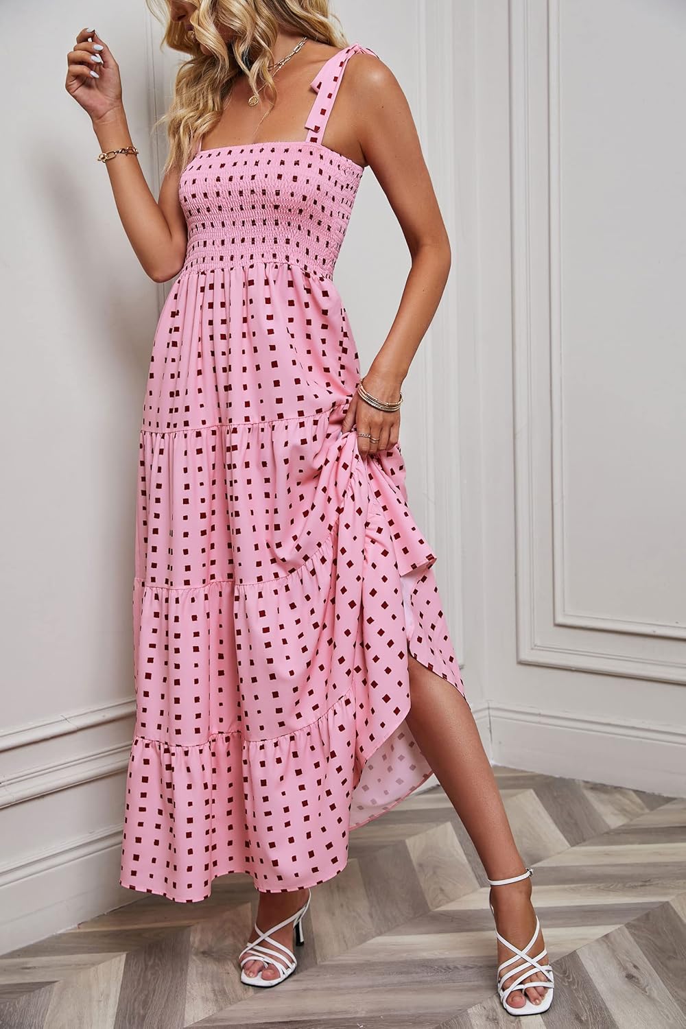 Women's Summer Boho Spaghetti Strap Square Neck Ruffle Casual Flowy Long Dress Beach Swing Party Maxi Dress - Pink