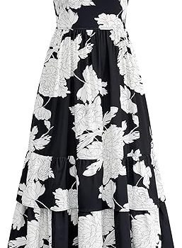 Summer Dresses for Women 2026 Casual Ruffle Smocked Tiered A-Line Boho Floral Maxi Beach Sun Dress with Pockets - Black White Flower