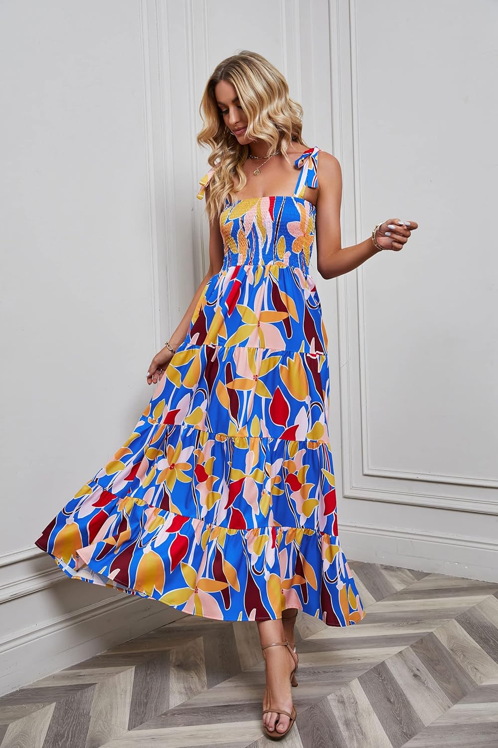 Women's Summer Boho Spaghetti Strap Square Neck Ruffle Casual Flowy Long Dress Beach Swing Party Maxi Dress - Blue