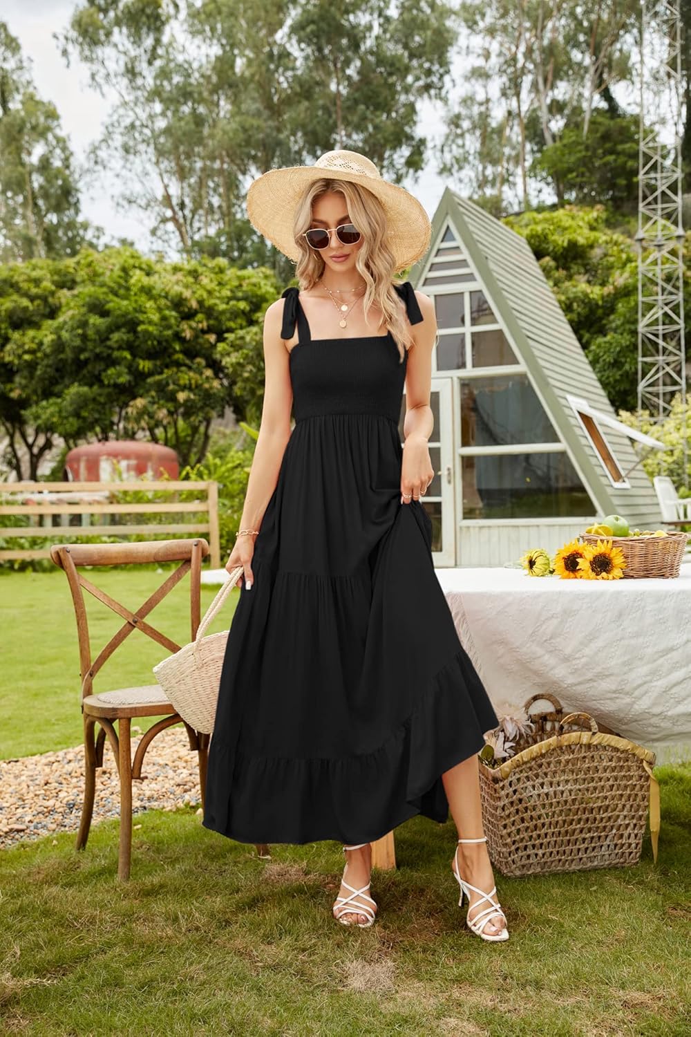 Women's Summer Boho Spaghetti Strap Square Neck Ruffle Casual Flowy Long Dress Beach Swing Party Maxi Dress - Black