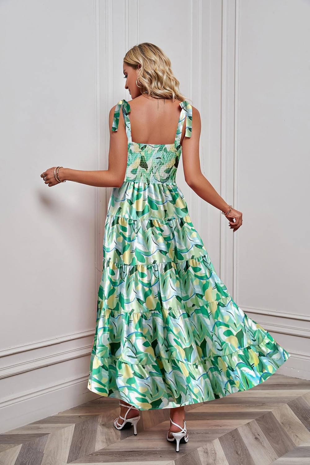 Women's Summer Boho Spaghetti Strap Square Neck Ruffle Casual Flowy Long Dress Beach Swing Party Maxi Dress - C-green Floral
