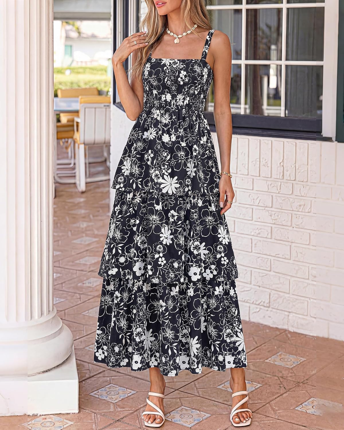 Summer Dresses for Women 2026 Floral Spaghetti Strap Wedding Guest Dress Maxi Beach Vacation Clothes - Floral Black White