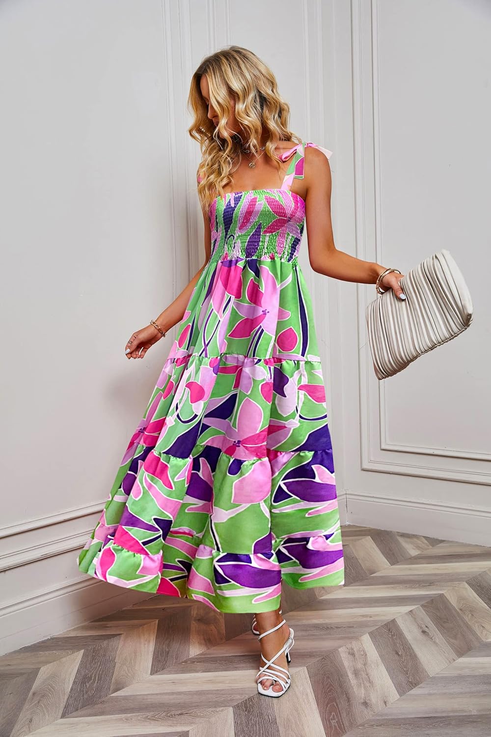 Women's Summer Boho Spaghetti Strap Square Neck Ruffle Casual Flowy Long Dress Beach Swing Party Maxi Dress - Purple Floral