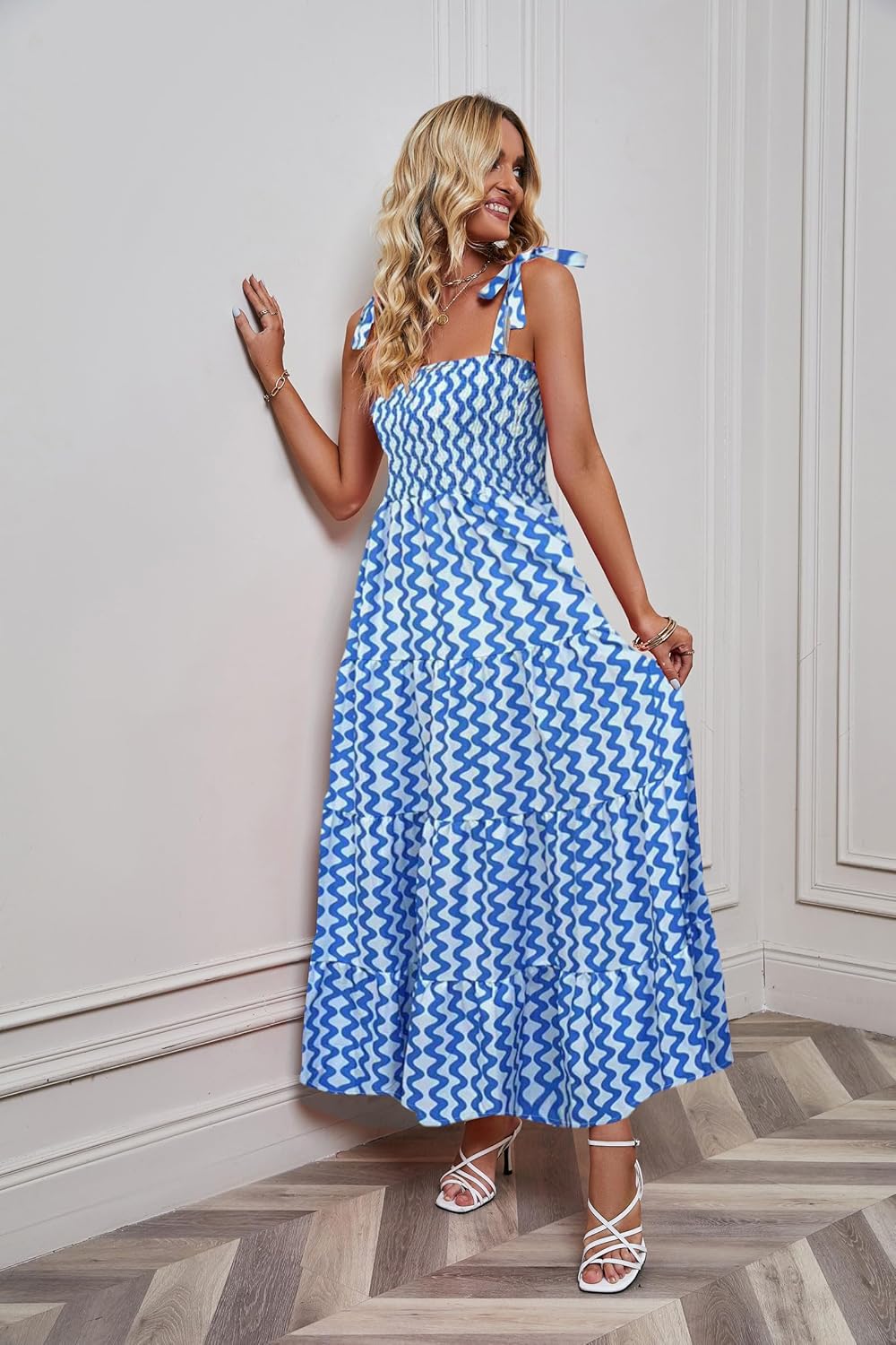 Women's Summer Boho Spaghetti Strap Square Neck Ruffle Casual Flowy Long Dress Beach Swing Party Maxi Dress - W-blue