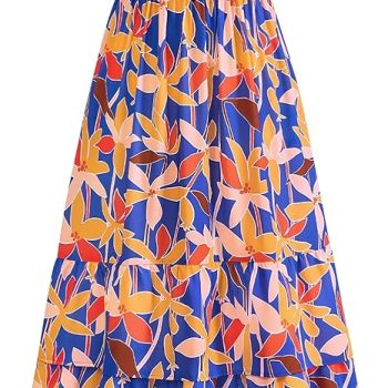Summer Dresses for Women 2026 Casual Ruffle Smocked Tiered A-Line Boho Floral Maxi Beach Sun Dress with Pockets - Blue Orange Flower