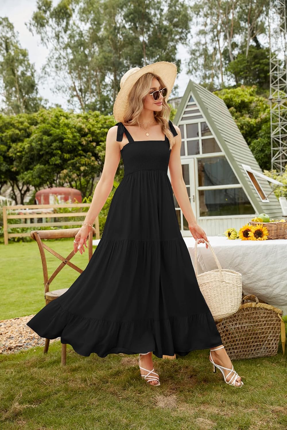 Women's Summer Boho Spaghetti Strap Square Neck Ruffle Casual Flowy Long Dress Beach Swing Party Maxi Dress - Black