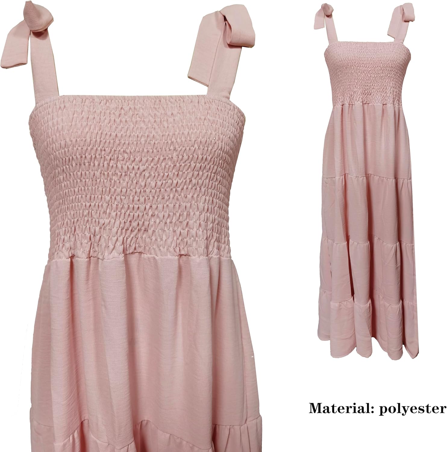 Women's Summer Boho Spaghetti Strap Square Neck Ruffle Casual Flowy Long Dress Beach Swing Party Maxi Dress - Light Pink