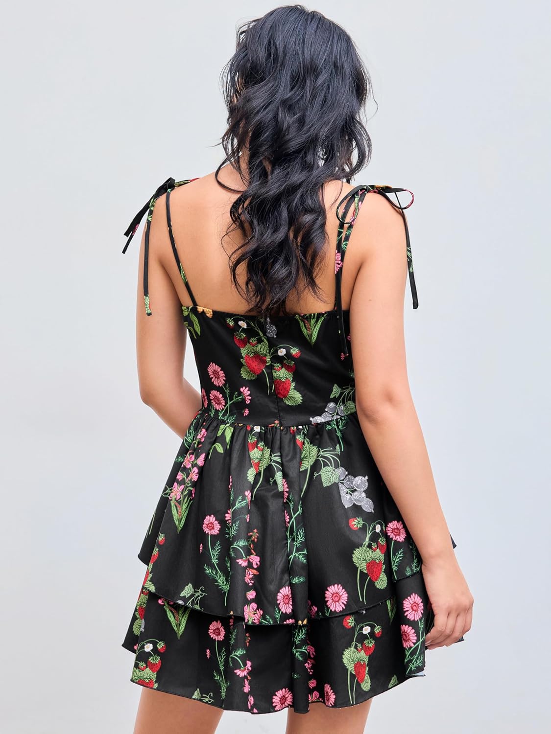 Floral Dress for Women Summer Mini Sundresses Spaghetti Strap Cute Vacation Dresses Boho Casual Outfits - Black Floral
