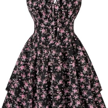 Floral Mini Corset Dress for Women Teen 2026 Summer Spring Flowy A-Line Sundress with Pockets - Black Brown Orange Floral