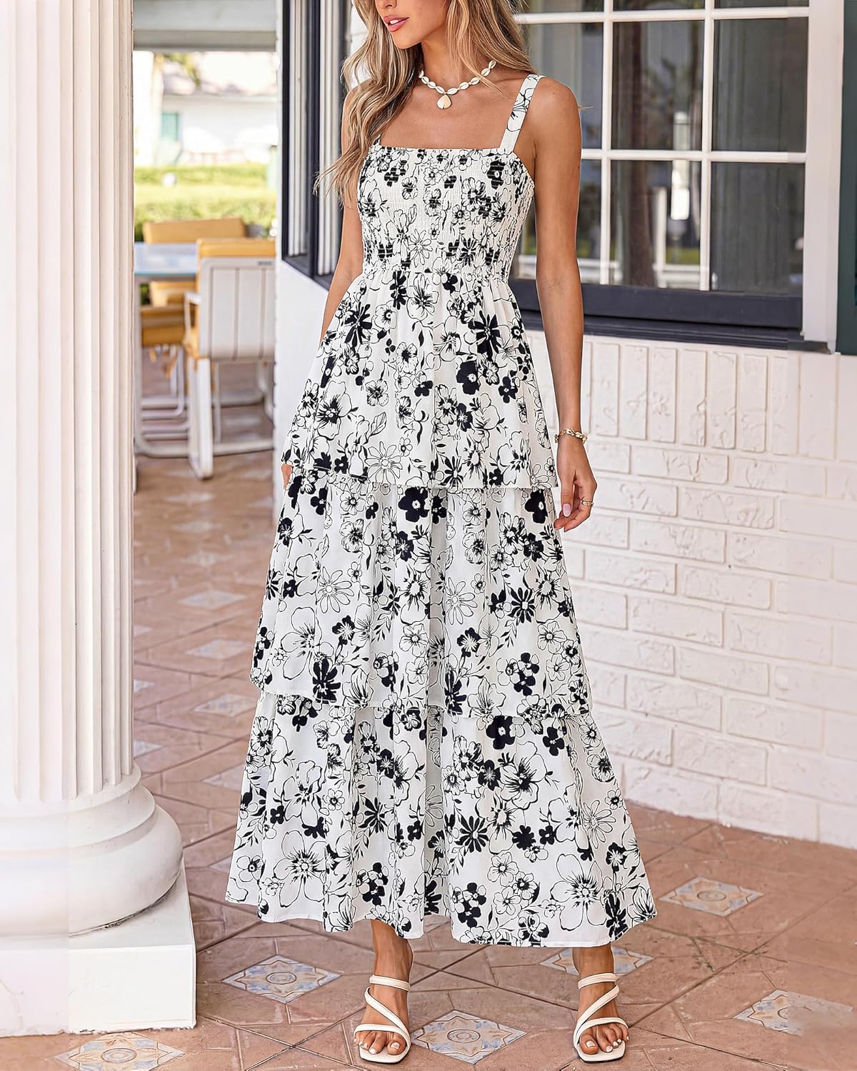 Summer Dresses for Women 2026 Floral Spaghetti Strap Wedding Guest Dress Maxi Beach Vacation Clothes - Floral White Black