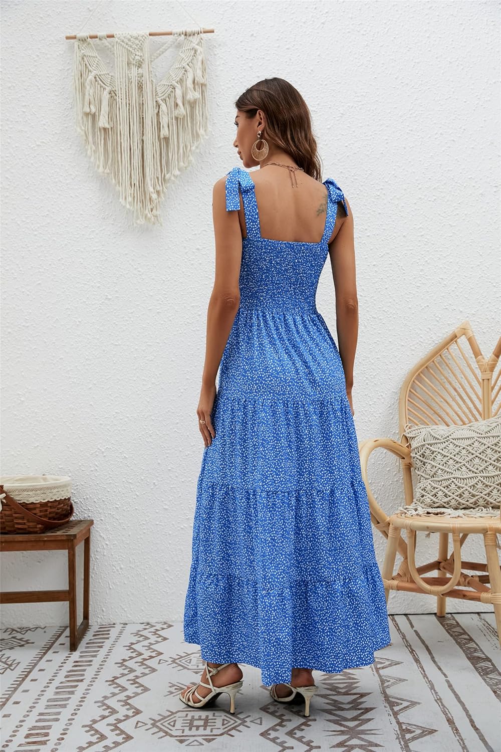 Women's Summer Boho Spaghetti Strap Square Neck Ruffle Casual Flowy Long Dress Beach Swing Party Maxi Dress - Dots Blue