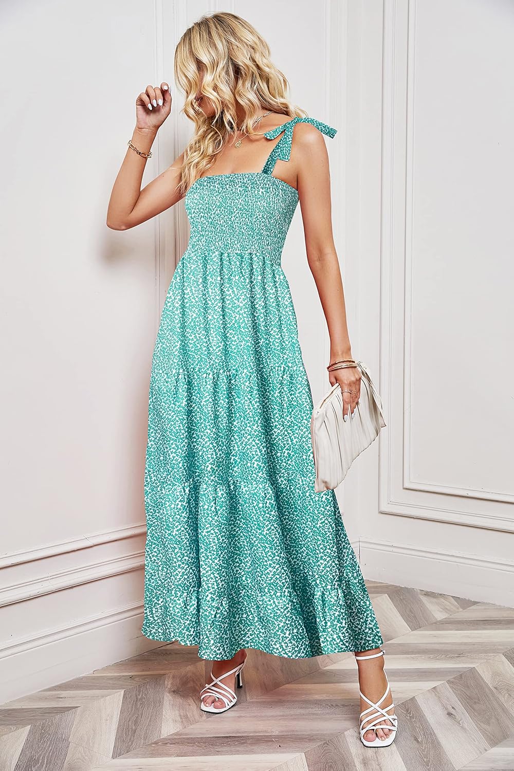 Women's Summer Boho Spaghetti Strap Square Neck Ruffle Casual Flowy Long Dress Beach Swing Party Maxi Dress - Dots Green