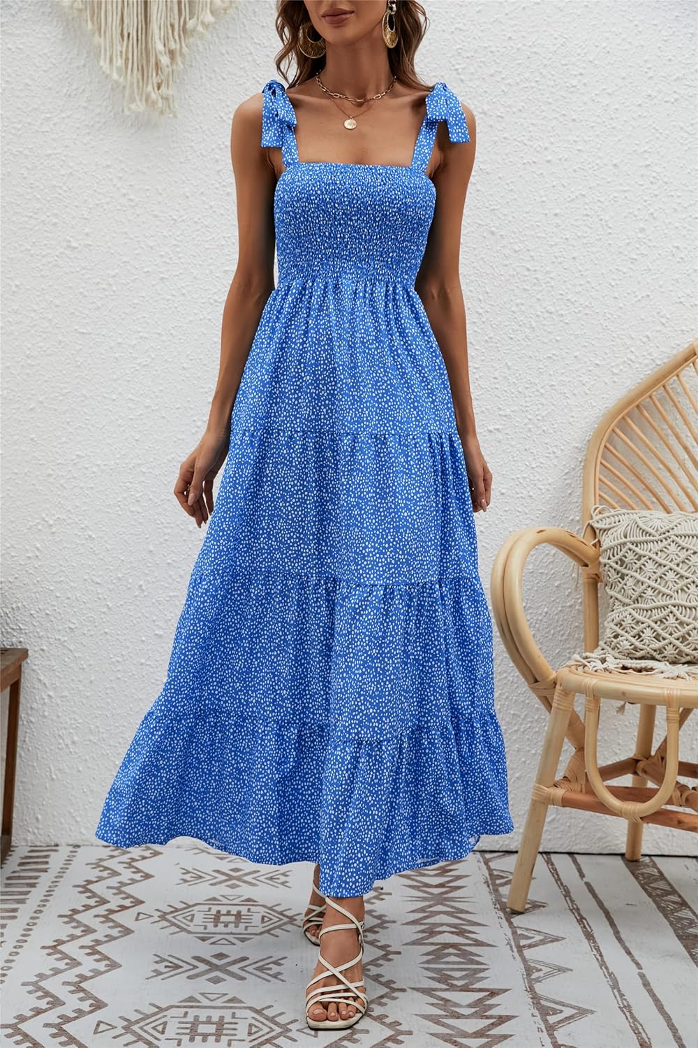Women's Summer Boho Spaghetti Strap Square Neck Ruffle Casual Flowy Long Dress Beach Swing Party Maxi Dress - Dots Blue