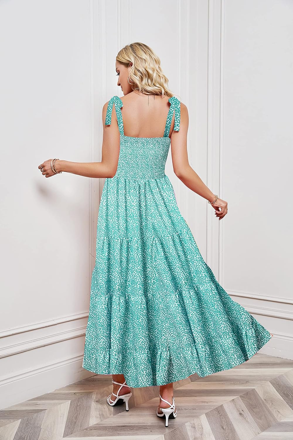 Women's Summer Boho Spaghetti Strap Square Neck Ruffle Casual Flowy Long Dress Beach Swing Party Maxi Dress - Dots Green