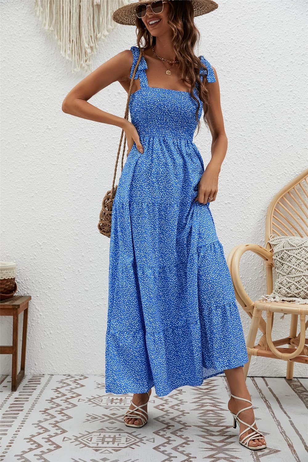 Women's Summer Boho Spaghetti Strap Square Neck Ruffle Casual Flowy Long Dress Beach Swing Party Maxi Dress - Dots Blue