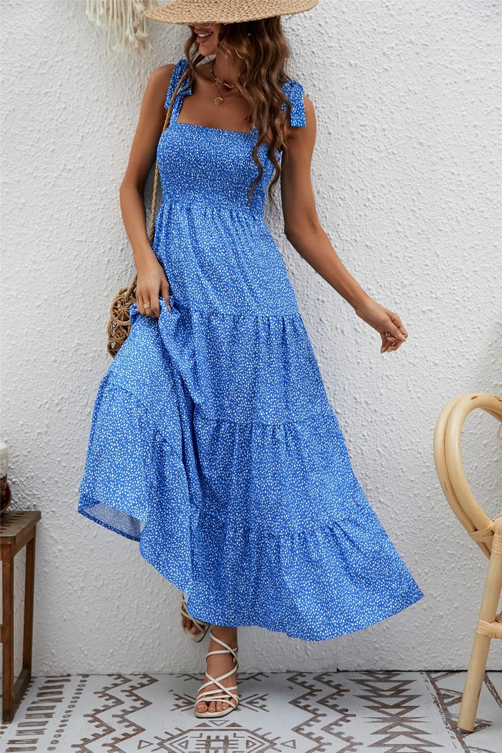 Women's Summer Boho Spaghetti Strap Square Neck Ruffle Casual Flowy Long Dress Beach Swing Party Maxi Dress - Dots Blue